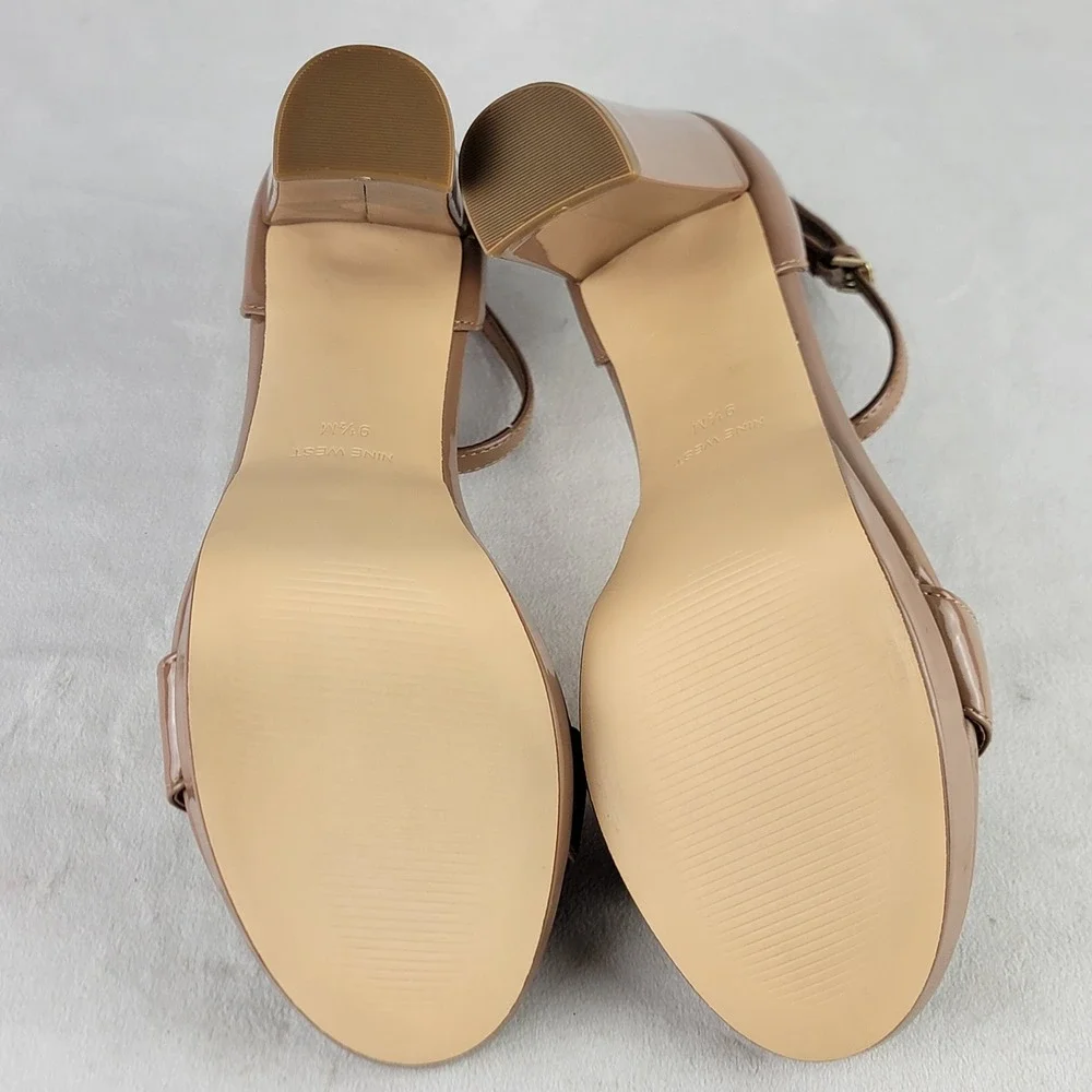 Nine West Women's Elope 3 Ankle Strap Block Heel Dress Sandals Beige 9.5M NEW